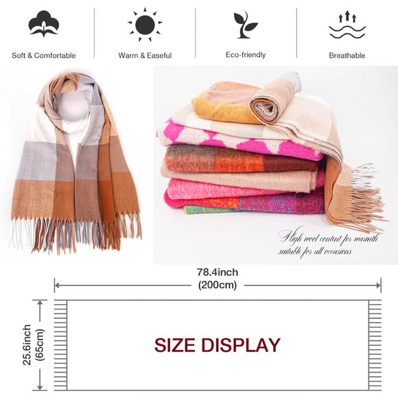 Women Light Brown Winter Warm Shawl Wraps Tartan Blanket Oversized Scarves - Picture 5 of 5